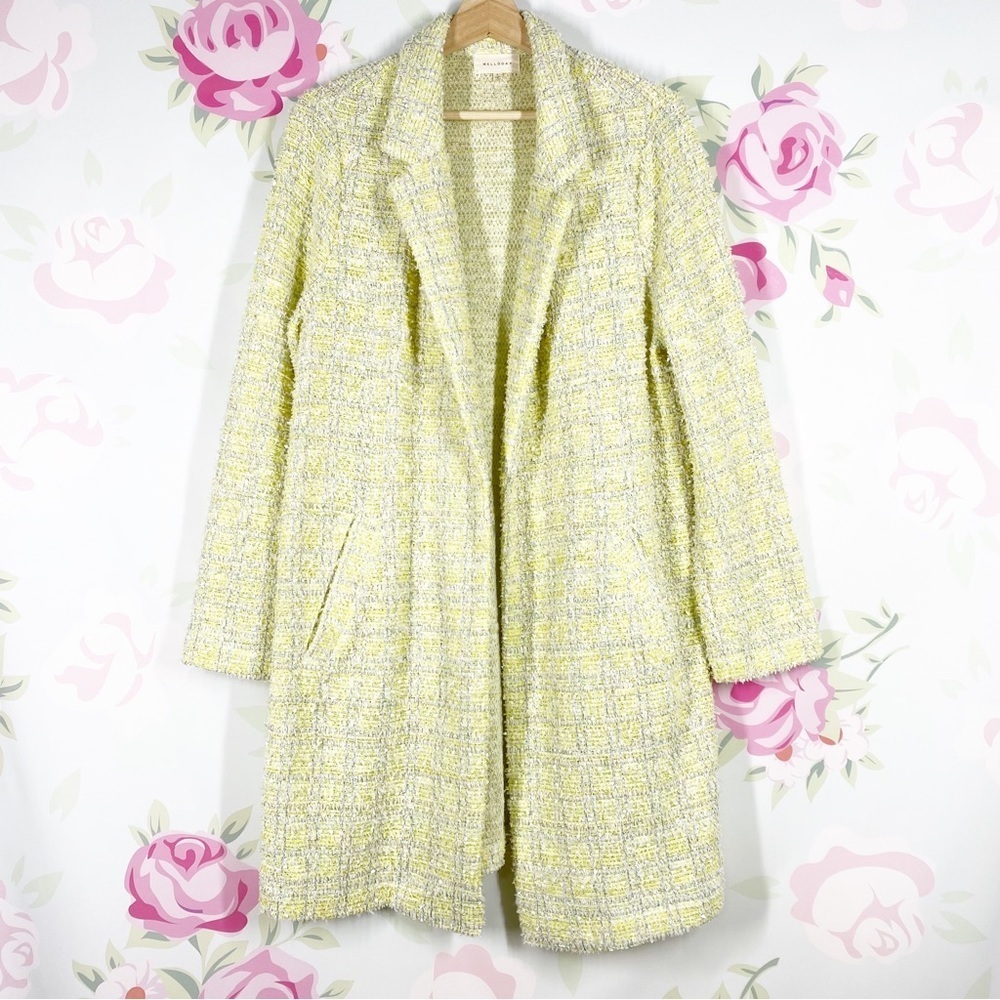 Melloday Yellow Silver Metallic Textured Open Front Longline Duster Jacket L
